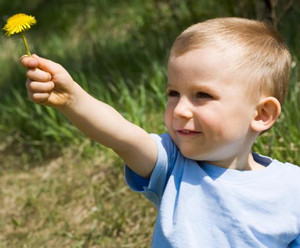 Трехлетний мальчик держит в руках цветок