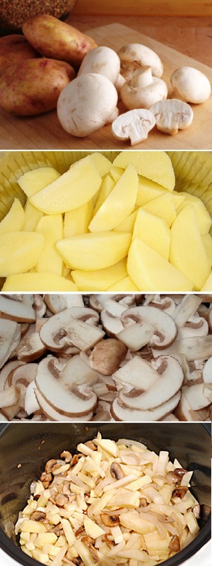 Процесс готовки картофеля с шампиньонами