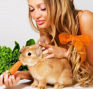 Девушка кормит кролика морковкой