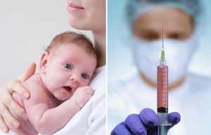 Две картинки мама держит на руках младенца, врач держит в руках шприц