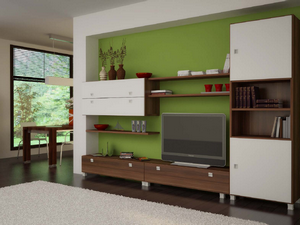 Мебель для гостиной с зеленым фоном и декором