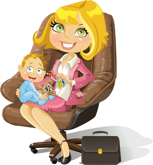 Картинка - девугка в костюме в деловом кресле сидит с ребенком