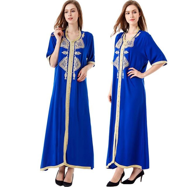 Женщины Исламская одежда макси с длинным рукавом длинное платье марокканской кафтан Восточный халат платье с вышивкой Абая мусульманской одежды платье HM-1449