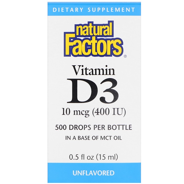 Natural Factors, Капли витамина D3, без ароматизаторов, 400 МЕ, 0,5 ж. унц. (15 мл)
