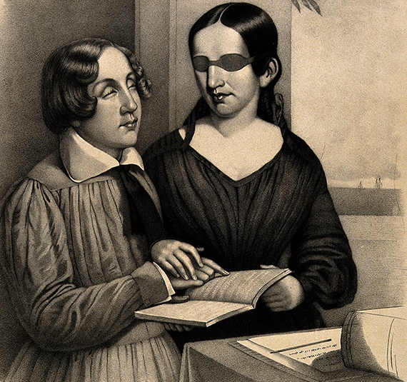 V0015876 Portrait of Oliver Caswell and Laura Bridgman reading emboss Credit: Wellcome Library, London. Wellcome Images images@wellcome.ac.uk http://wellcomeimages.org Portrait of Oliver Caswell and Laura Bridgman reading embossed letters from a book. Lithograph by W. Sharp, 1844, after A. Fisher. 1844 By: Alanson Fisher and Bouvй & Sharp.after: W. SharpPublished: 1844 Copyrighted work available under Creative Commons Attribution only licence CC BY 4.0 http://creativecommons.org/licenses/by/4.0/