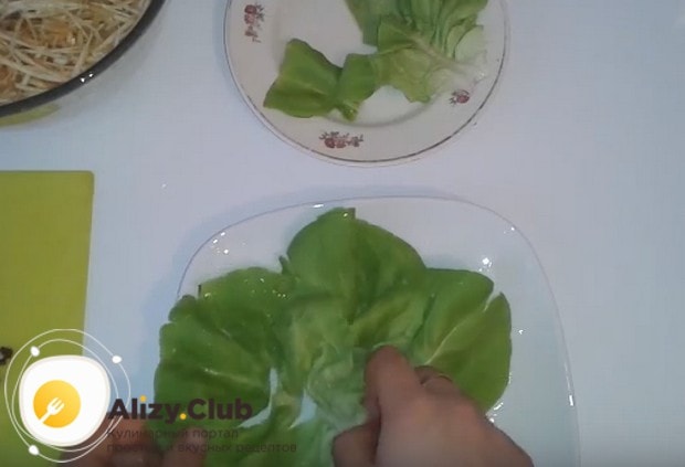 На блюдо для подачи укладываем листья салата латук.
