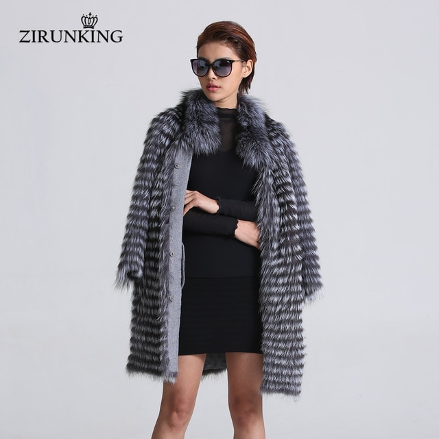 Zirunking женщин реального Silver Fox Шубы Мода Меховая куртка в полоску Стиль пальто женские лисий мех верхняя одежда ZCW-02YL