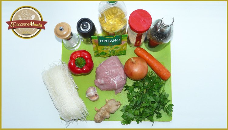 Фунчоза с овощами и мясом в соусе терияки. Ингредиенты