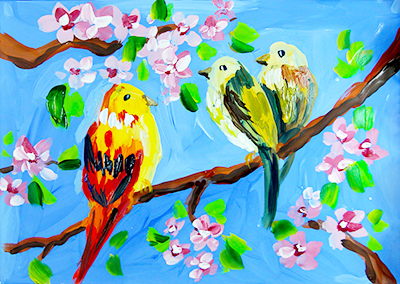 Рисунок весна с птичками и цветущей яблоней