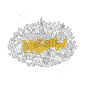 Travel to Moscow concept - hand drawn illustration with Kremlin and other main symbols. Иллюстрация