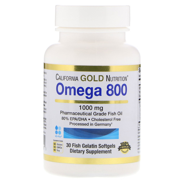 California Gold Nutrition, Омега 800, Рыбий жир фармацевтического класса, 80% EPA / DHA, Триглицеридная форма, Немецкая обработка, Без холестерина, 1000 мг, 30 рыбных желатиновых мягких гелей
