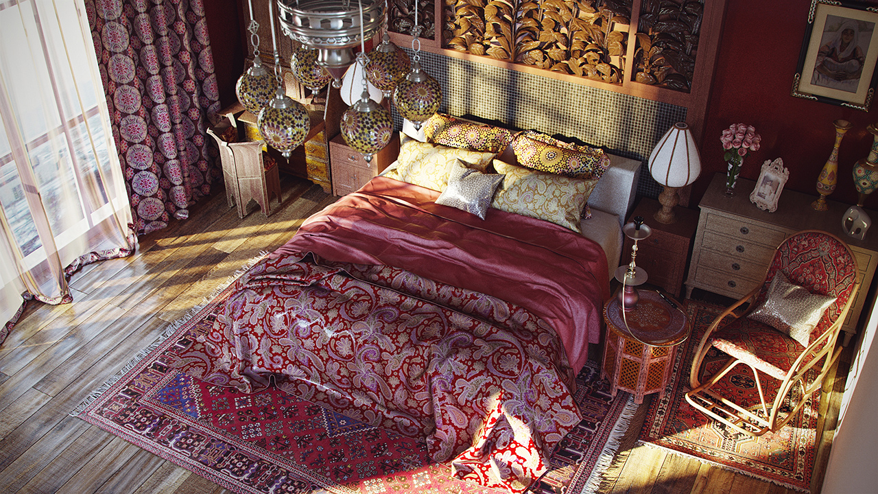 Ковры на полу в спальне в восточном стиле