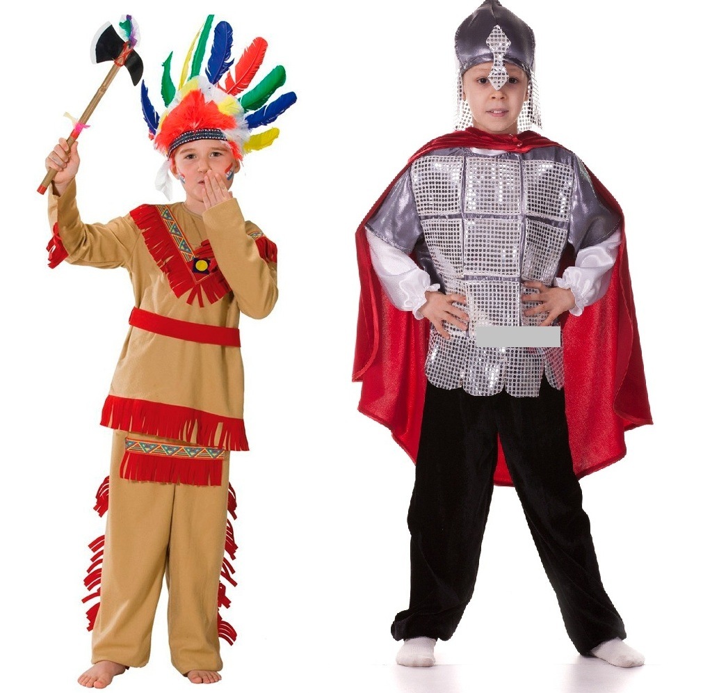 Детские новогодние костюмы индейца и русского богатыря для мальчиков