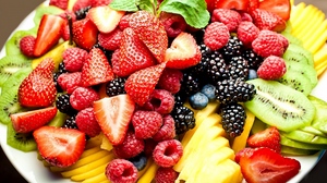 Превью обои ягоды, фрукты, нарезка, тарелка