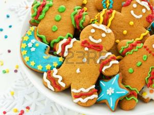Homemade gingerbread cookies with colored icing. Shallow dof.