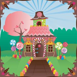 Colorful gingerbread house decorated in candy, in a bright setting... includes a storybook frame Иллюстрация